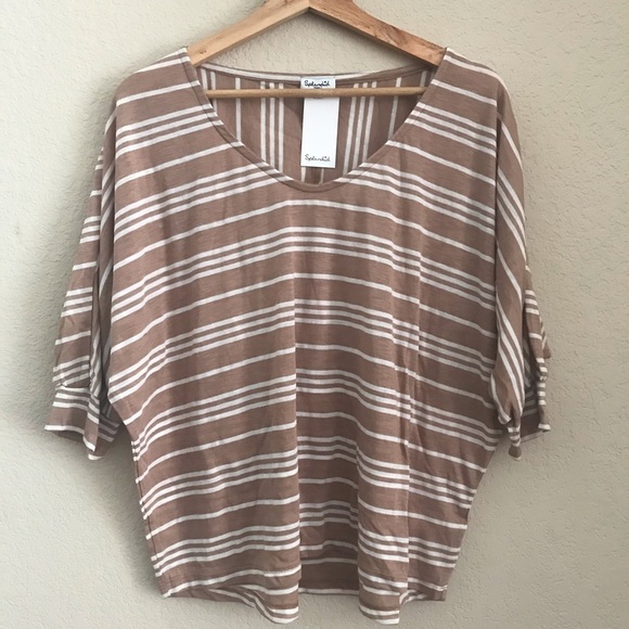 Splendid Small Tan White Striped V-Neck Shirt - Picture 1 of 4